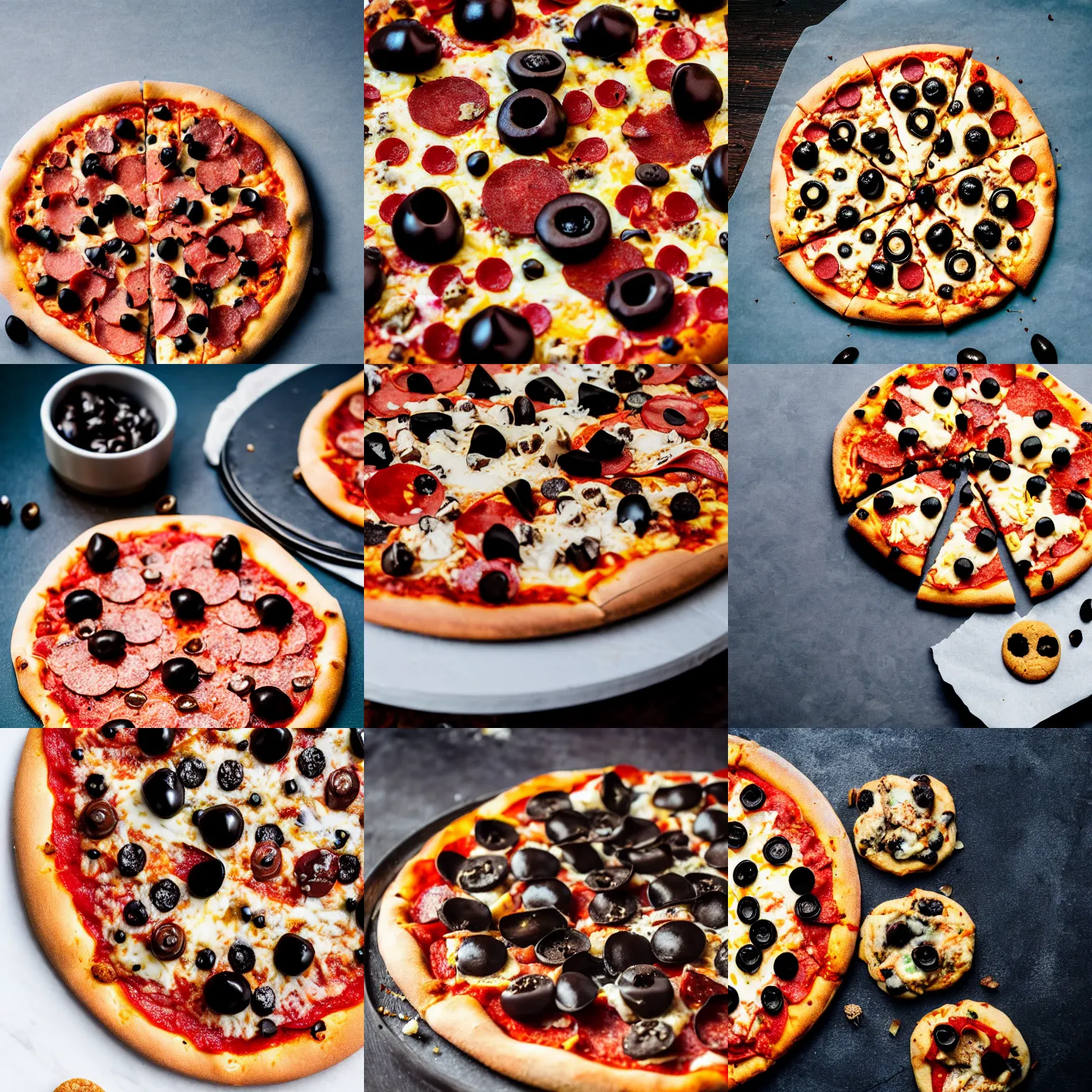 Prompt: a pizza topped with cookies and pepperoni and black olives, professional food photography