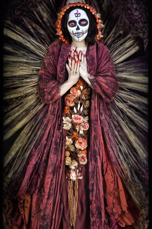 Prompt: 1 9 3 0's virgin mary dia de muertos dress and make up, horrific beautiful vibe, evocative, atmospheric lighting, painted, intricate, highly detailed, leesha hannigan, wayne haag, reyna rochin, ignacio fernandez rios, mark ryden, iris van herpen, stunning, gorgeous, sharp focus, cinematic, masterpiece