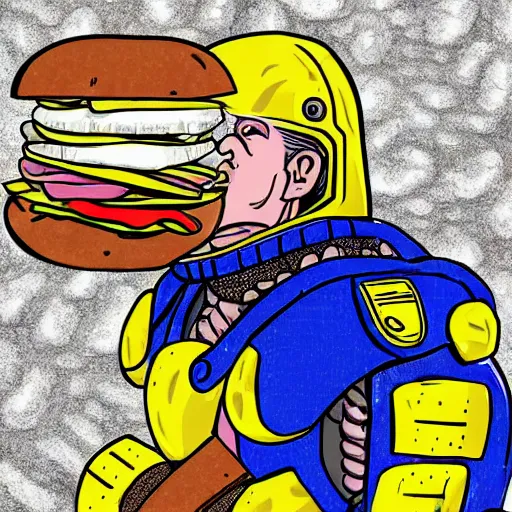 Image similar to digital artwork, cartoony, cell shading, futuristic space marine in heavy blue armor trying unsuccessfully to eat a large sub sandwich full of meat, cheese, and lettuce