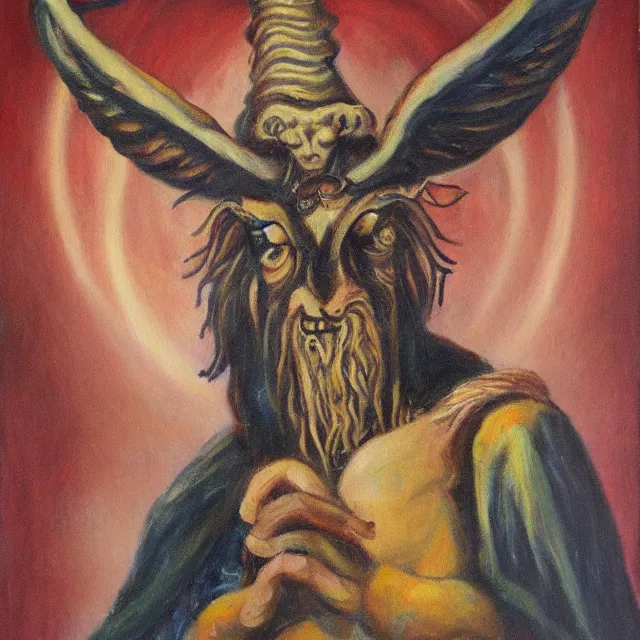 Image similar to baphomet, vintage, oil painting