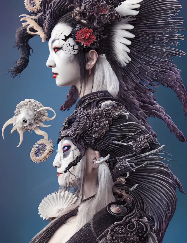 Image similar to 3 d goddess of death close - up profile portrait with ram skull. beautiful intricately detailed japanese crow kitsune mask and clasical japanese kimono. betta fish, jellyfish phoenix, bio luminescent, plasma, ice, water, wind, creature, artwork by tooth wu and wlop and beeple and greg rutkowski