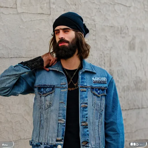 Prompt: an extremely detailed matte painting of a ridiculously good looking full body hipster jesus who looks like a jewish gigachad and looks stoned and drinking espresso at a cafe in jerusalem, wearing a jean jacket with a nirvana jacket and a beenie, waxed beard, very detailed, beautiful, intricate, art by rembrandt and m. c. escher, octane render