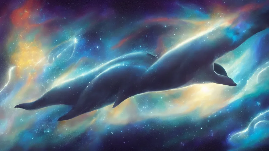 Image similar to Ethereal blue fire whale and dolphins flying through a nebula, star dust, cosmic, magical, shiny, glow,cosmos, galaxies, stars, outer space, stunning, by andreas rocha and john howe, and Martin Johnson Heade, featured on artstation, featured on behance, golden ratio, ultrawide angle, hyper detailed, photorealistic, epic composition, wide angle, f32, well composed, UE5, 8k