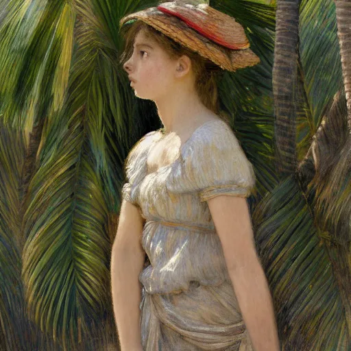 Image similar to a ultradetailed beautiful painting of a girl in the amazonas palace balustrade designed by jules bastien - lepage, hans belmer, frank weston and gustave baumann, beach, trending on artstation, mediterranean, palm trees, detailed face, sharp focus, soft light, 8 k 4 k