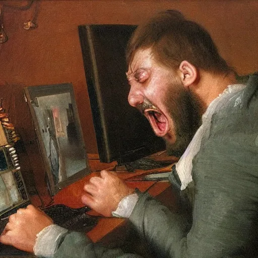 Image similar to an angry man screams at his computer monitor, oil on canvas, 1 8 8 3, highly detailed