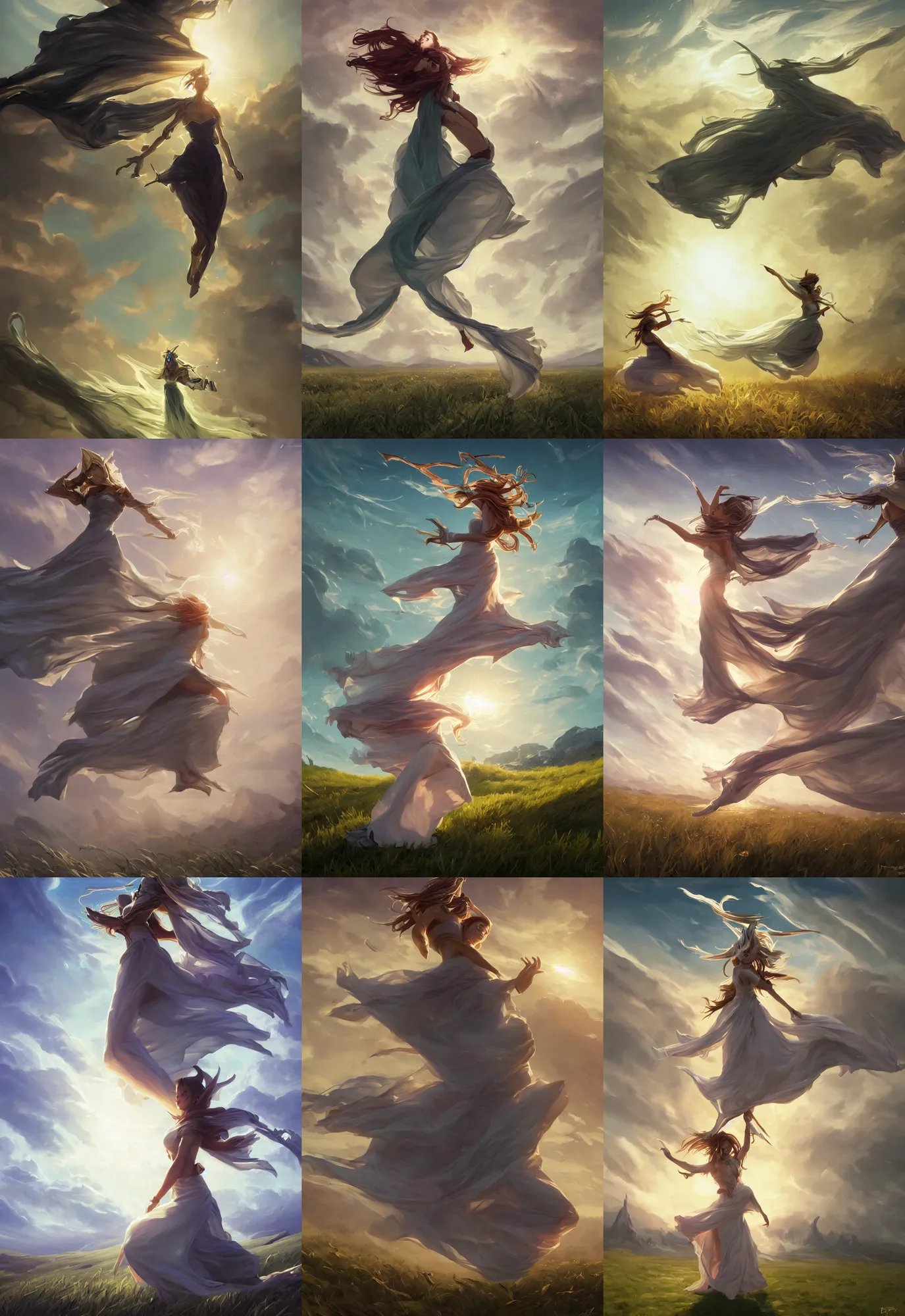 Prompt: league of legends and warframe art, single levitating girl in white maxi dresses between clouds above green fields in sunset light, big long cloth on the wind, close up portrait, elegant, intricate, digital painting, artstation, concept art, golden hour, epic composition, smooth, sharp focus, illustration, art by ed mell and Daniel F. Gerhartz and Jacek Malczewski and gustav klimt, Tibor Nagy