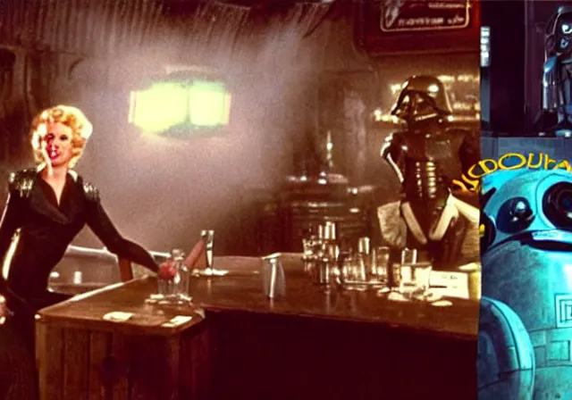 Image similar to A long-shot, color cinema film still of a Marlin Monroe drinking beer in the Mos Eisley's Tavern, Two aliens around, misty, studio lighting; from Star Wars(1977)