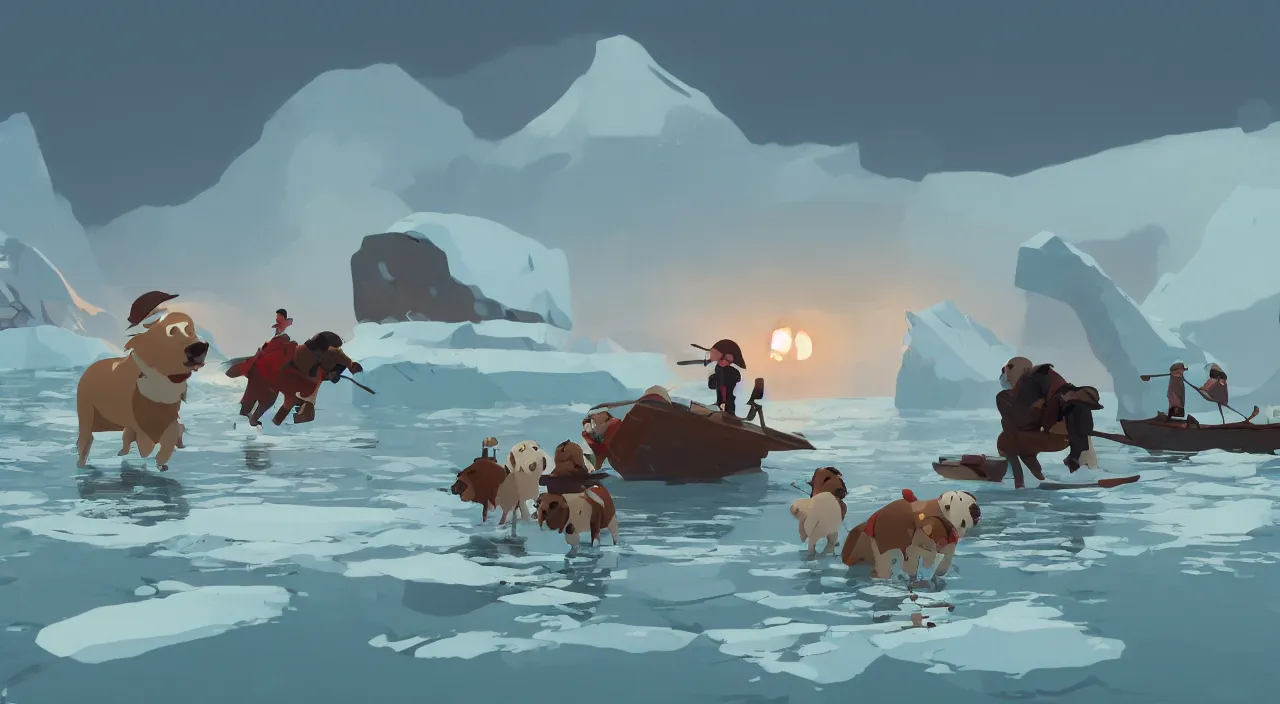 Image similar to havanese dogs pulling arctic explorers from the water, 1 9 0 0, tartakovsky, atey ghailan, goro fujita, studio ghibli, rim light, scary, afternoon lighting, clear focus, very coherent