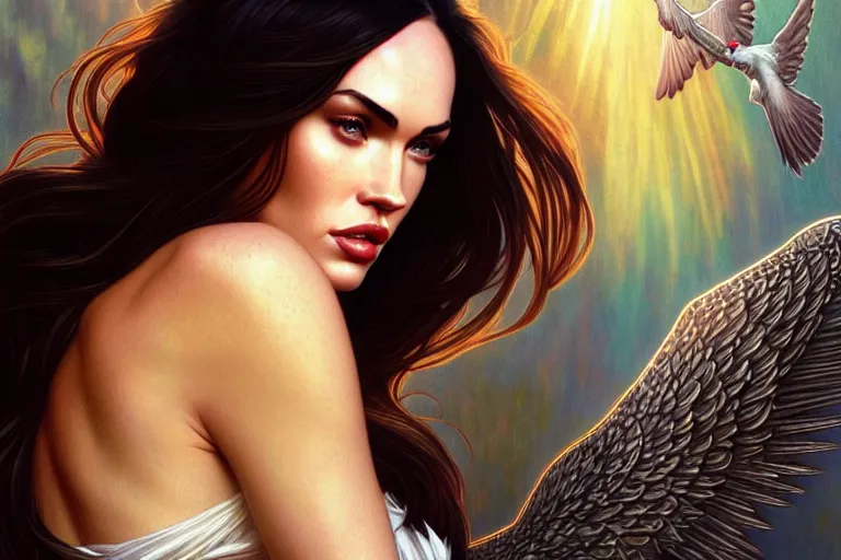 Image similar to portrait of megan fox as an angel, wings, intricate, headshot, highly detailed, digital painting, artstation, concept art, sharp focus, cinematic lighting, illustration, art by artgerm and greg rutkowski, alphonse mucha, cgsociety