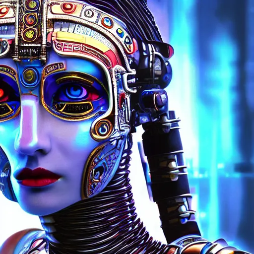 Prompt: beautiful Fine art photo of a young enraptured Morgan Lee as a cyberpunk mayan robotic godess, photorealistic, centered, highly detailed and intricate, sun lighting, 8k