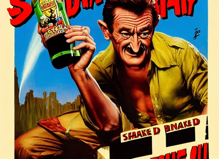 Prompt: barry chuckle drinking a bottle of snake oil, snake oil advertisement from 1 9 8 8, artwork by frank frazetta and richard corben, 3 d, high resolution 8 k