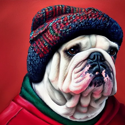 Prompt: bulldog wearing a beanie, highly detailed, sharp focus, digital painting, artwork by Victor Adame Minguez + Yuumei + Tom Lovell + Sandro Botticelli