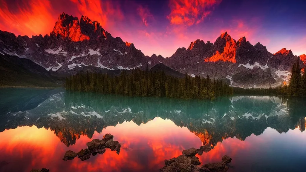 Image similar to amazing landscape photo of mountains with lake in sunset by marc adamus, beautiful dramatic lighting