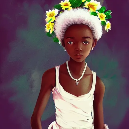 Prompt: little african girl with flowers in hair wearing an white dress. art by ilya kuvshinov, profile picture, inspired in hirohiko araki, realistic, highly detailed, 8 0 s anime art style, vogue cover