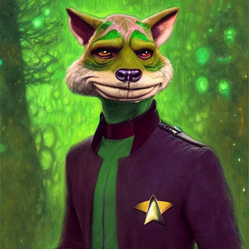 Image similar to a portrait of a male green reptile in star trek uniform at night in a dark forest. zootopia fursona furaffinity furry art detailed face painting by gaston bussiere craig mullins jc leyendecker gustav klimt artgerm greg rutkowski furry