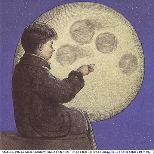 Prompt: dan morris celestial smiling moon talking portrait, side view, surrounded by clouds, illustrated by peggy fortnum and beatrix potter and sir john tenniel