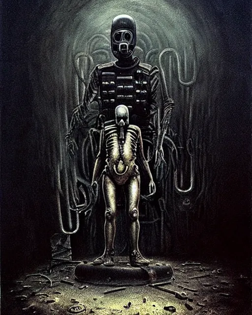 Prompt: full-body creepy realistic, contrast painting, central composition, a decapitated soldier with futuristic elements. he welcomes you into the fog with no head, dark dimension portal, empty helmet inside is occult mystical symbolism headless full-length view. attendants watching, standing in front of ancient machine eldritch energies disturbing frightening eerie, uneasy atmosphere, artwork by Salvador Dali and Junji Ito