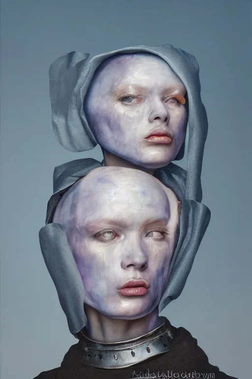 Image similar to hyperrealism oil painting, close - up portrait of albino medieval fashion model, knight, steel gradient mixed with nebula sky, in style of baroque