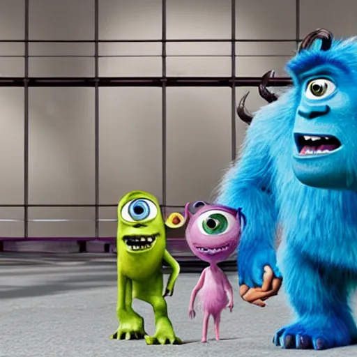 Image similar to movie still of monsters inc characters in a maximum security prison