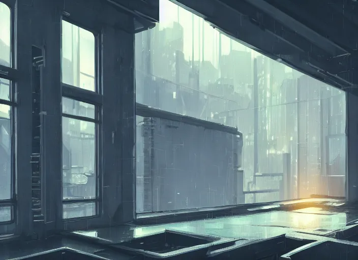 Prompt: interior design quiet loft, big windows, cyberpunk city, rainy day, night, science - fiction, samdoesarts, artstation