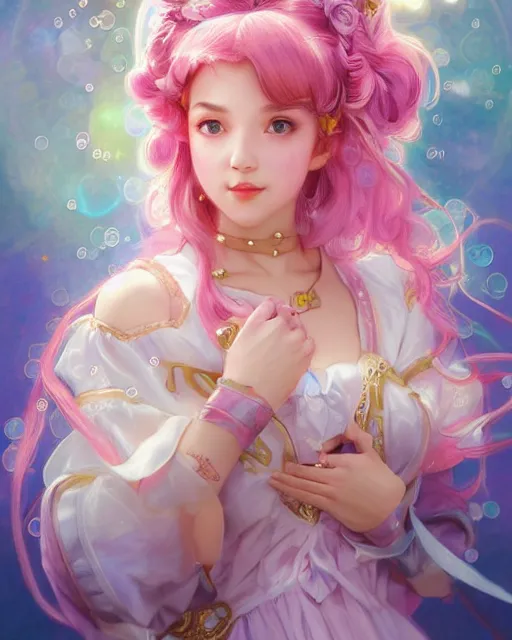 Image similar to portrait of magical lolita girl, dreamy and ethereal, expressive pose, big gold eyes, exciting expression, fantasy, intricate, elegant, many rainbow bubbles, rose tones, highly detailed, anime, artstation, concept art, cyberpunk wearing, smooth, sharp focus, illustration, art by artgerm and greg rutkowskiand alphonse mucha