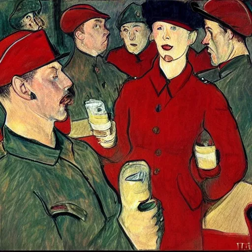 Image similar to modern red berets soldiers inside of a pub, painting by toulouse - lautrec, soldiers wearing tactical clothing, cinematic, award winning