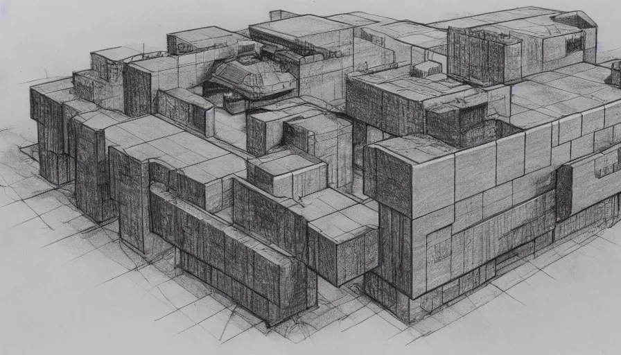 Prompt: big brutalist villain base, drawing architecture, very long shot, top angle