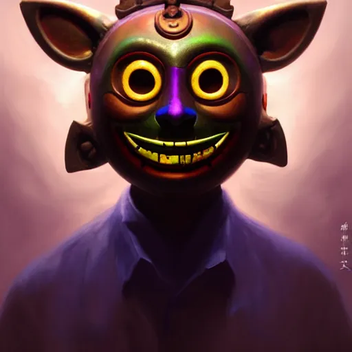 Image similar to a painting of dreamscape majora's mask happy mask salesman, extremely detailed digital painting, in the style of fenghua zhong and ruan jia and jeremy lipking and peter mohrbacher, mystical colors, rim light, beautiful lighting, 8 k, stunning scene, raytracing, octane, trending on artstation