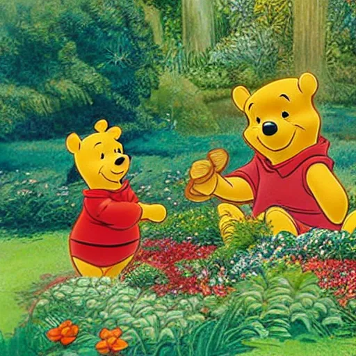 Prompt: Winnie the pooh gardening a botanical garden on sunrise