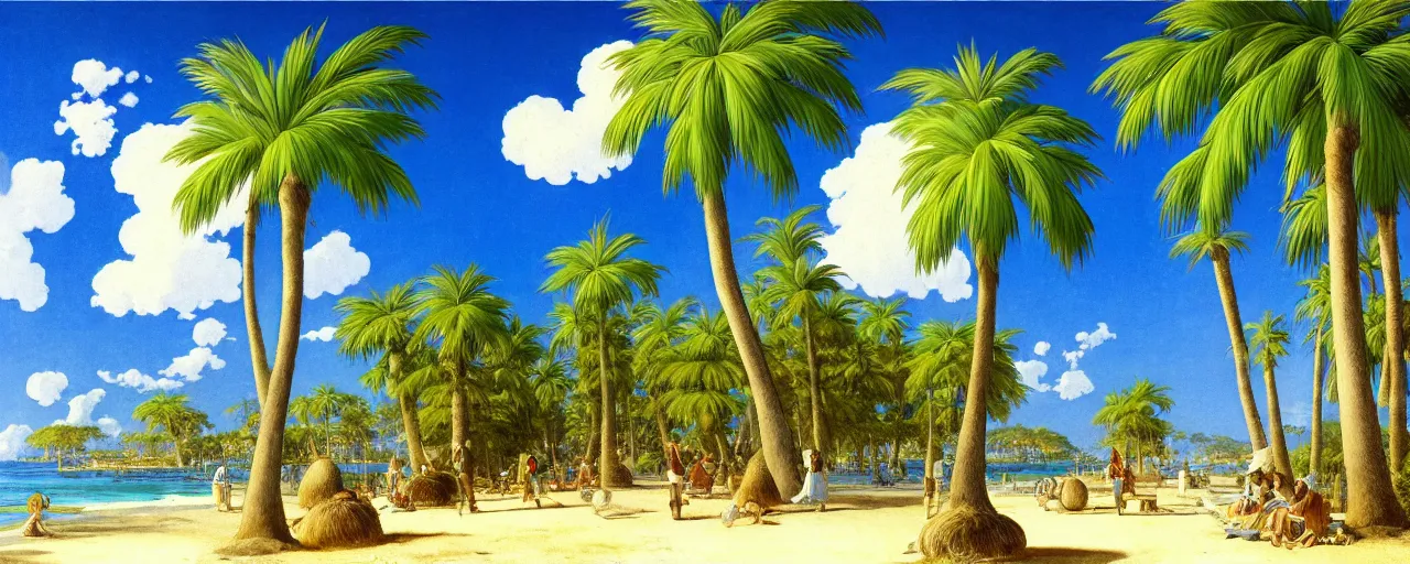 Image similar to ghibli illustrated background of a strikingly beautiful blue sky with puffy white clouds over a tropical beach with palm trees by eugene von guerard, ivan shishkin, john singer sargent, 4 k