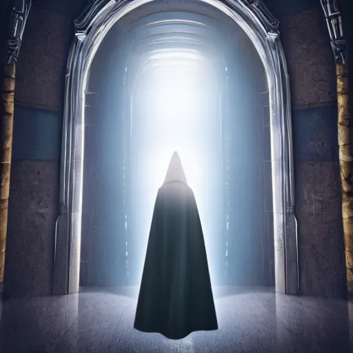 Image similar to a wizard in a cloak standing in front of a portal to wisdom, tall door, high ceiling, magic light, light beam, cinematic atmosphere, high definition, ultra detailed