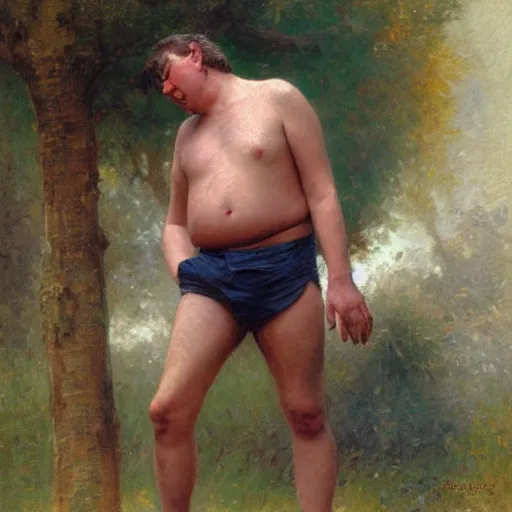 Image similar to Stephen Fry with a flabby body type, painting by Gaston Bussiere, Craig Mullins