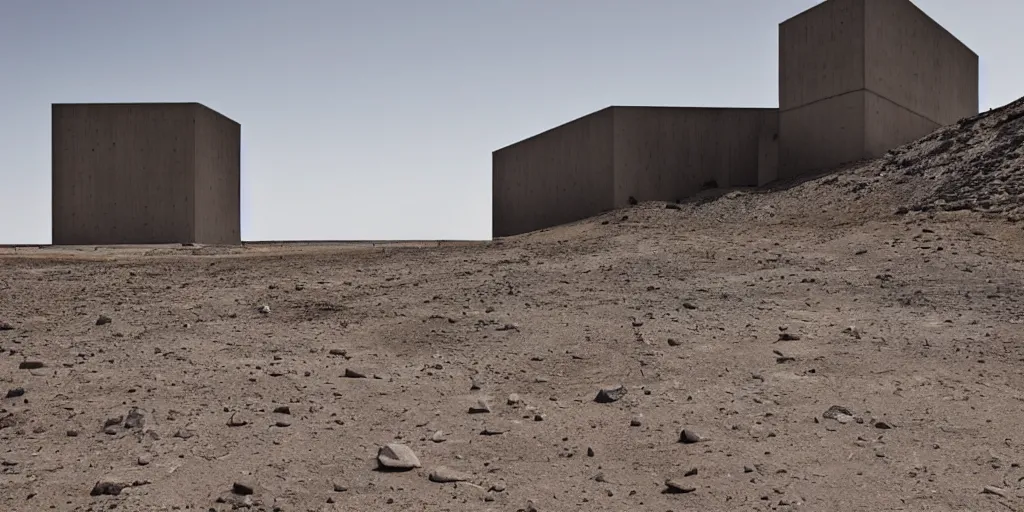 Image similar to imposing geometric concrete buildings in a barren desert wasteland