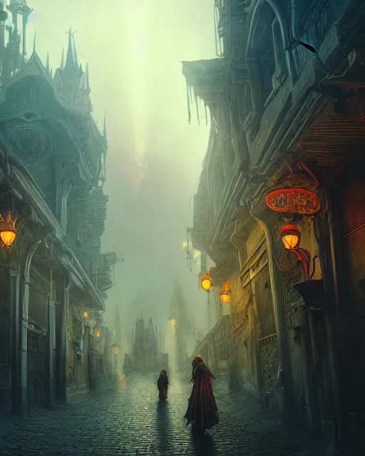 Image similar to mage, woman, portrait, dirty alley, a beautiful fantasy city, made from white stone and bright gold, built on the side of a volcano, gondor, misty, red sky, medieval city, metropolis, gorgeous clouds, god rays, fantasy art, octane render, ureal engine, high detail, alphonse mucha, greg rutkowski, james gurney, johannes voss