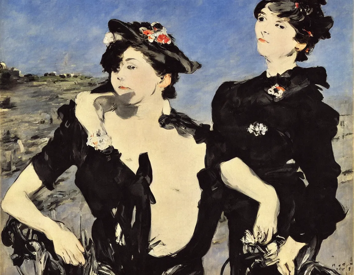 Image similar to edouard manet. a wide portrait of a marie from the side all dressed in black on a motorcycle on a highway looking over her shoulder towards us. blue sky. there is another motorcycle blurred in the background. precise thin brush strokes. expressive. emotional. modern.