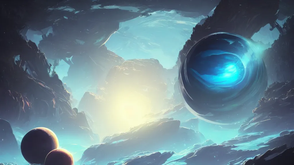 Prompt: a mysterious planet with a giant glowing blue orb at its core, by sylvain sarrailh, rossdraws, ambient light, ultra detailed, fantasy artwork, 8 k, volumetric lighting, trending on artstation, award winning, beautiful scenery, very beautiful.