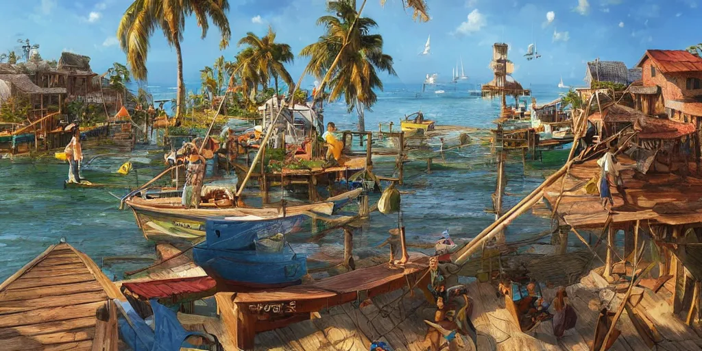 Image similar to a little fisher village in cuba, wood pier and houses, nets and boats, house made with boat parts, scenic view, bright day, hyper realistic, matte painting by marc simonetti and rhads and donato giancola, trending on artstation