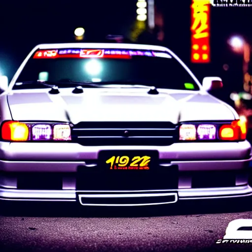 Image similar to a car JZX90 twin turbo drift at illegal car meet, Shibuya prefecture, city midnight mist lights, cinematic lighting, photorealistic, highly detailed wheels, high detail