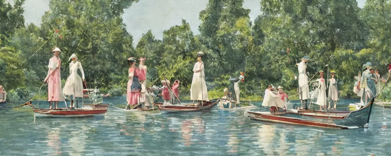 Prompt: a group ladies sailing 1920s miniature pond yachts. Lush garden. Art nouveau architecture