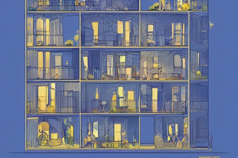 Prompt: a beautiful flat 2 dimensional illustration of a cross section of a house, a storybook illustration by muti and tim biskup, minimalism, featured on dribble, unique architecture, behance hd, storybook illustration, dynamic composition