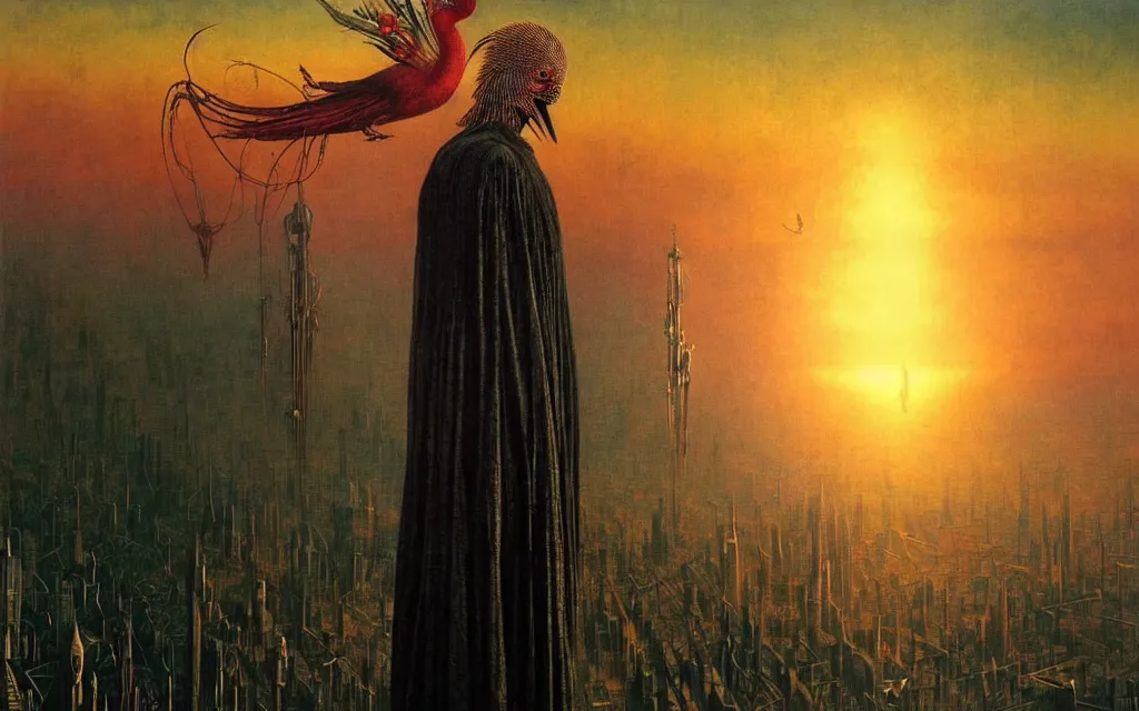 Image similar to realistic detailed portrait movie shot of a birdman wearing dark ragged robes, futuristic city sunset landscape background by denis villeneuve, amano, yves tanguy, alphonse mucha, ernst haeckel, max ernst, roger dean, rich moody colours