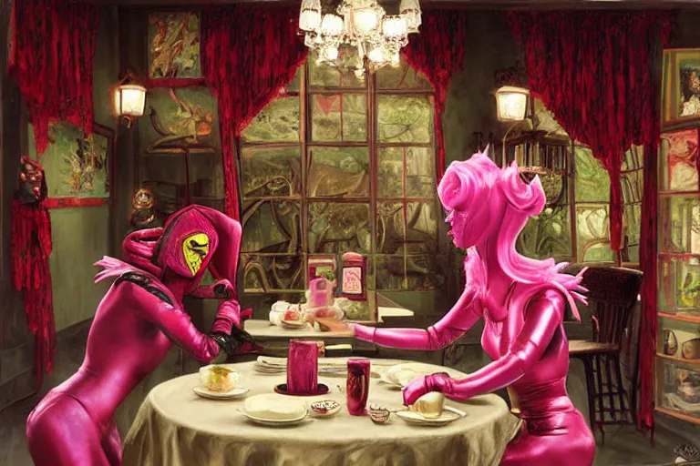 Prompt: Angelyne fights Scorpion from Mortal Kombat in the tea room, painted by mark ryden