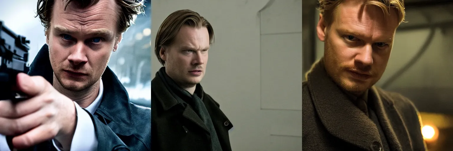 Prompt: close-up of Marco Ilsø as a detective in a movie directed by Christopher Nolan, movie still frame, promotional image, imax 70 mm footage