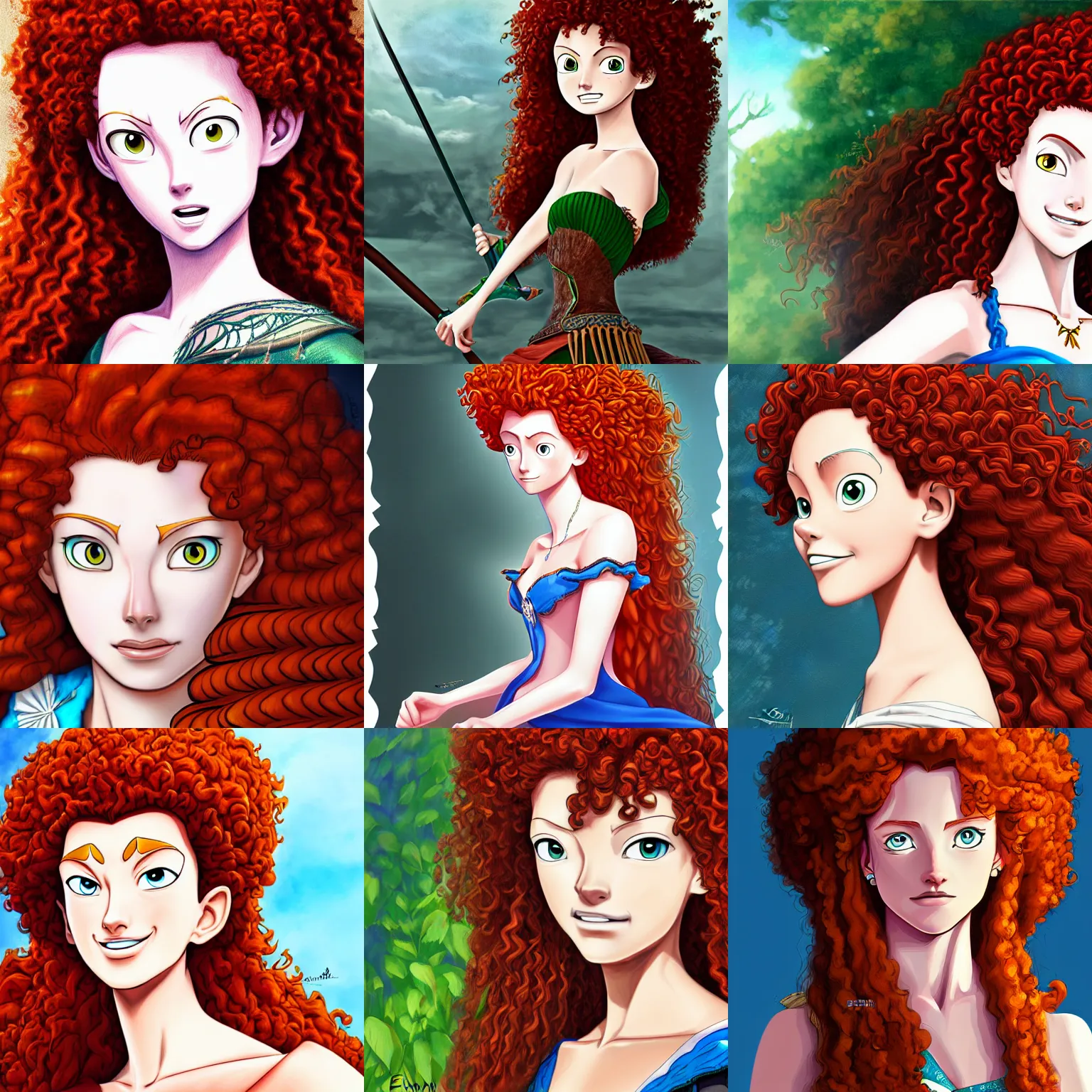 Prompt: portrait of princess Merida, expressive pose, highly detailed, digital painting, smooth, sharp focus, by Eiichiro Oda