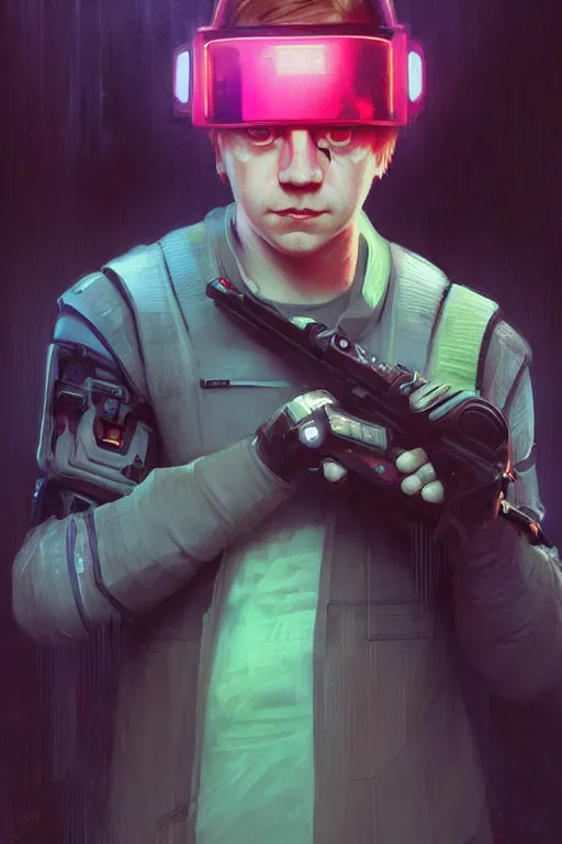 Image similar to portrait of Rupert Grint as Ron Wisly with visor in cyberpunk, neon lighting, night city, digital art from artstation by Ruan Jia and Mandy Jurgens and Artgerm and william-adolphe bouguereau and Greg Rutkowski