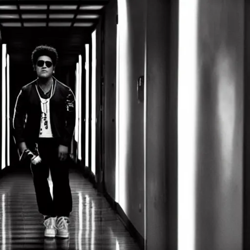 Prompt: Bruno Mars in a dark corridor holding a lightsaber