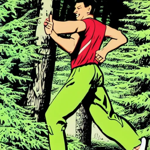 Prompt: a sporty guy runs alone through a forest with tall trees, art by Al Feldstein, acid-green sneakers, a shot from the back in perspective,