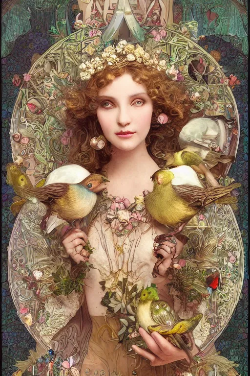 Image similar to zoomed out 3 d render of english princess holding birds, ornaments, mucha vibe, dieselpunk, solarpunk, artstation