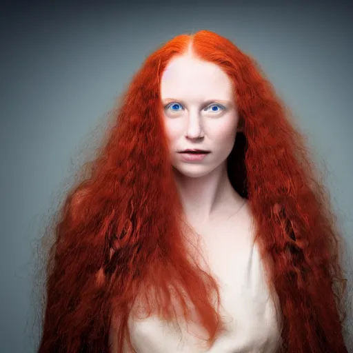 Image similar to artistic photo of a young beautiful woman, looking at the camera, long flowing red hair, greyish blue eyes, slight cute smile, mouth slightly open, studio lighting, award winning photo by Annie Liebowitz