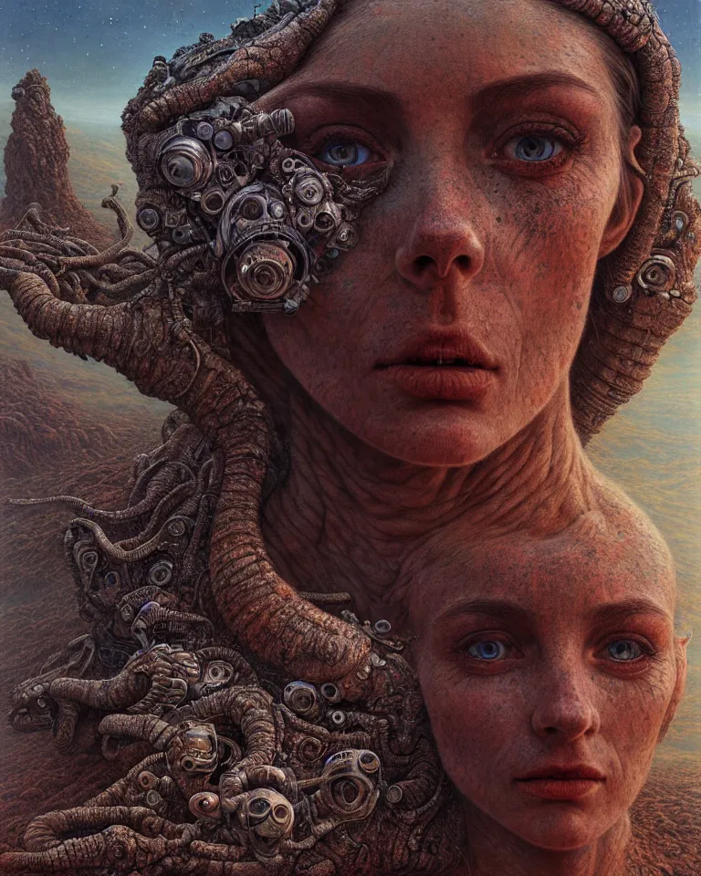 Image similar to ultra realist intricate detailed portrait of a single rugged attractive female on an alien landscape, insanity, accurate features, apocalyptic, very intricate details, 8 k resolution, dim lighting, volumetric lighting, artstyle zdzisław beksinski and keith thompson, award winning